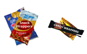 Snack food wrappers recycled in our hard to recycle station.