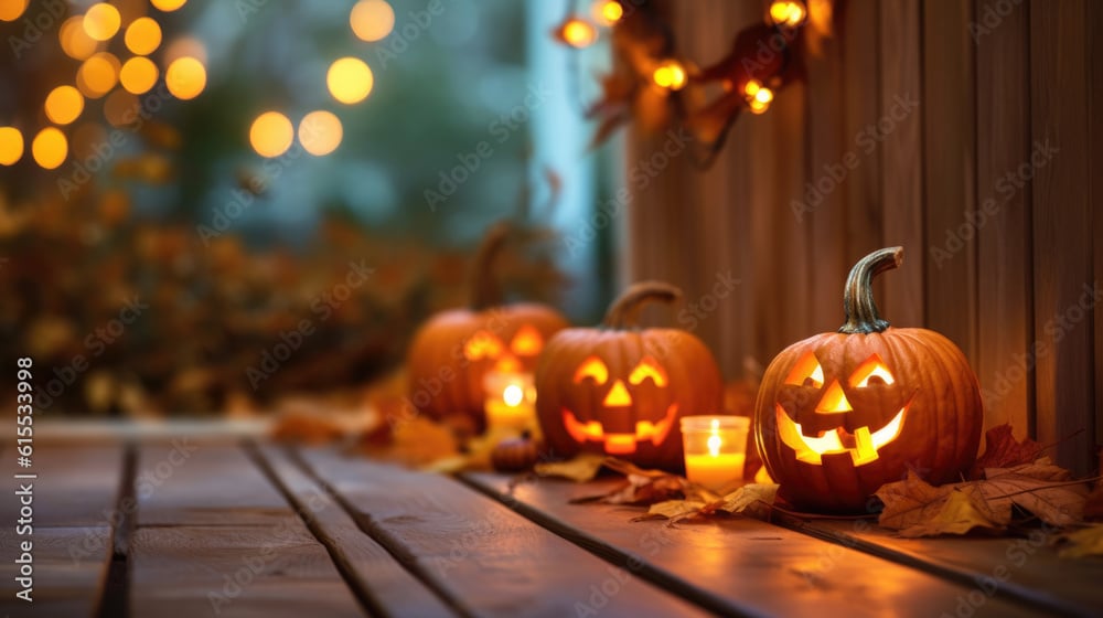 Halloween pumpkin carvings with candles, artfully photographed in a fall scene.